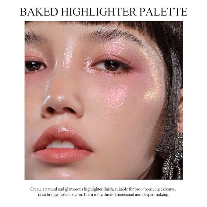 Highlighter Makeup Palette, High Glossy Face Illuminator Palette, Pearl Shimmer Smooth Baked Powder with Natural Glow Finish, Facial Glitter Lasting Sparkling Luminizers Highlighter-PINK