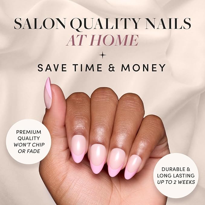 Glamnetic Press On Nails - Pink Macaron | Semi-Transparent Light Pink Pastel French Tip Short Almond Fake Nails in a Glossy Finish, Salon Quality | 15 Sizes - 30 Nail Kit