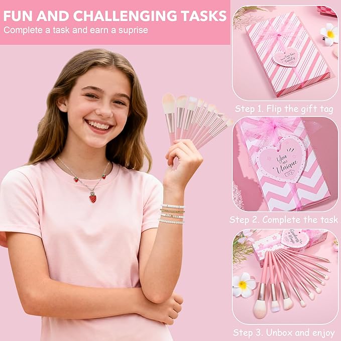 Christmas Gifts for Tween & Teen Girls, 11PCS Birthday Gifts Basket Teen Girls Trendy Stuff with Empowering Tasks Make up Brushes & Bag, Beauty Advent Calendar Wrapped Gifts Box