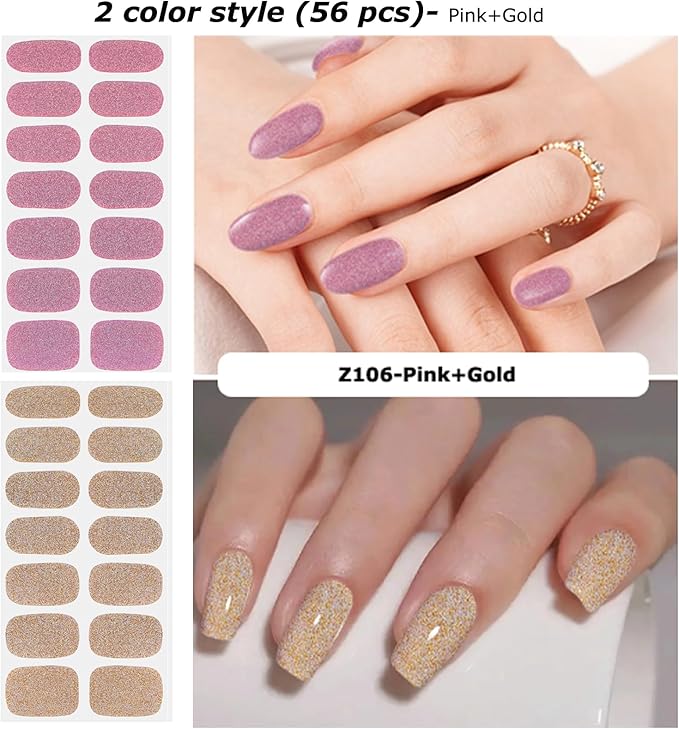 DUKASOU Semi Cured Gel Nail Strips, 56Pcs Nail Art Stickers/Wraps, Long Lasting UV Nail Polish Strips for Adults(Pink+Gold)