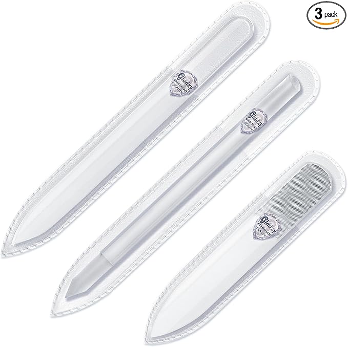 GLADZY Czech Glass Nail File Set with Glass Nail Shiner & Cuticle Pusher– 3 pcs Manicure Kit with Case, Multi-Functional Nano Buffer, Manicure Stick, Etched Crystal File for Natural Nails, Made in EU