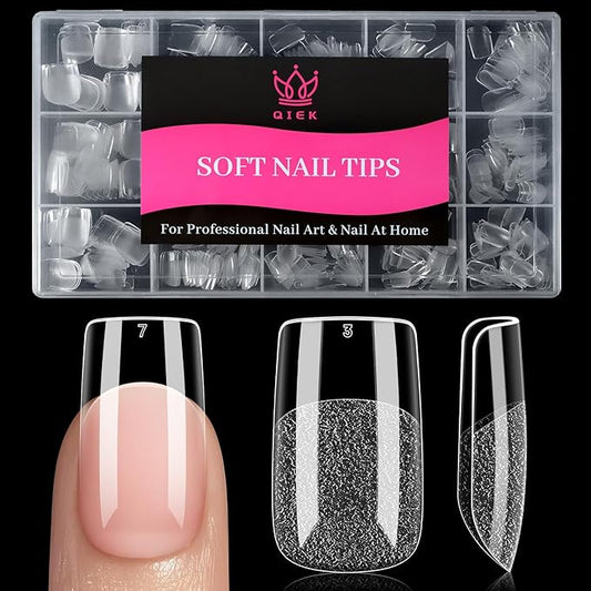 Qiek Short Square Fake Nail Tips - 15 Sizes 240 PCS Clear French Half Matte Press On False Nail Tips Pre-shaped Full Cover Gel Nail Tips Extensions Thick Long Lasting for DIY Beginners& Salon Manicure