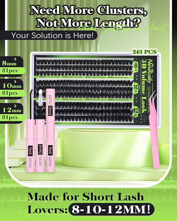 Volume Lash Clusters Kit 8-10-12MM Fluffy Eyelash Clusters Short Lash Extension Kit 243 Pcs Thick Clusters Eyelash Extensions D-Curly 3D Look Individual Lashes Kit by Newcally