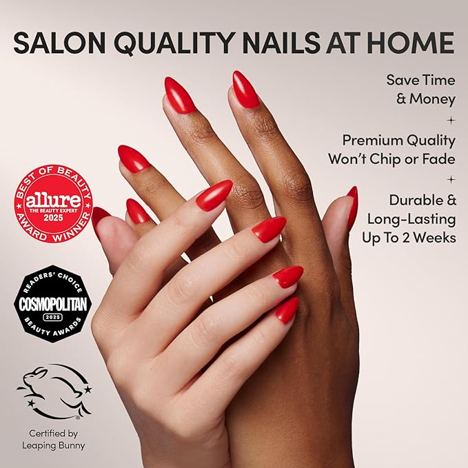Glamnetic Press On Nails - Fiery Red | Opaque Bright Red Short Almond Fake Nails, Salon Quality | 15 Sizes - 30 Nail Kit