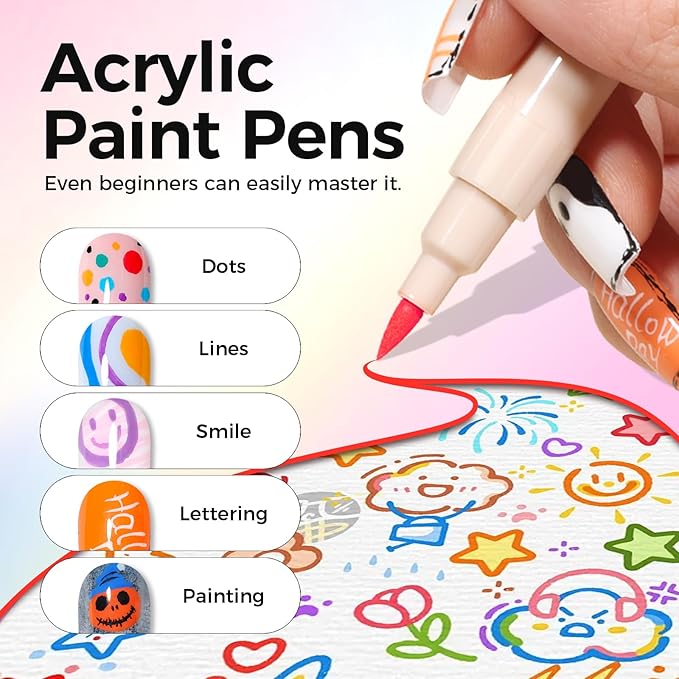 GELLAKTIK 6 Colors Nail Art Pens Set, 3D Nail Polish Pens Quick-Drying Acrylic Paint Markers, Dotting Liner Brush for DIY Nail Design, Home & Salon Manicure Tools