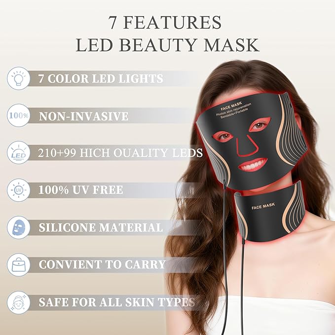 Red Light Therapy for Face & Neck, LED Red Light Therapy Mask for Anti-Aging, Wrinkle Reduction, and Skin Firming, Rechargeable LED Face Mask Light Therapy, 7 Modes, 5 Levels, Home & Travel Use