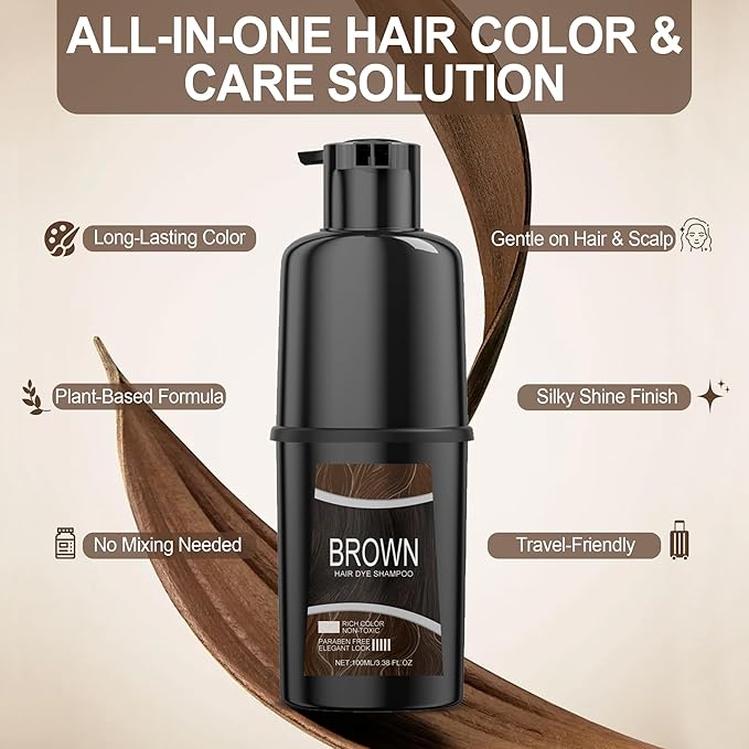 Brown Hair Dye Shampoo - Natural Hair Color Shampoofor Warm Brown Shades, Infused with Plant Extracts for Softness and Strength
