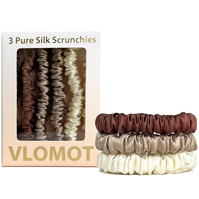 VLOMOT 3 Pcs Set 100% Pure Mulberry Silk Hair Scrunchies Hair Ties with 3 Chic Colors Everyday Skinny Scrunchies Silk Ponytail Holders Hair Care No Damage (Chocolate)