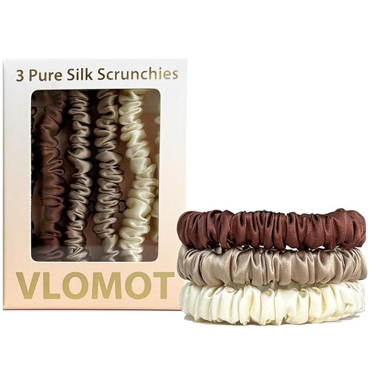 VLOMOT 3 Pcs Set 100% Pure Mulberry Silk Hair Scrunchies Hair Ties with 3 Chic Colors Everyday Skinny Scrunchies Silk Ponytail Holders Hair Care No Damage (Chocolate)
