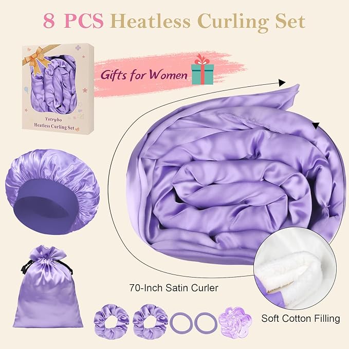 Ystrybo Satin Heatless Hair Curler Curls Overnight Hair Curlers to Sleep in, Hair Curlers No Heat Curls Overnight, Heatless Curling Set for Women Long Hair - 8 Pcs (Purple)