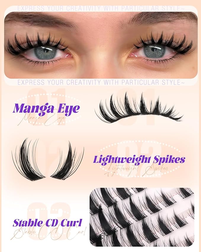 Manga Lash Clusters Spikes Doll Eyelash Extension Anime Wispy Eyelash Clusters Natural Spiky Cluster Eyelash Extensions Invisible Band 8-18mm DIY Cat Eye Lash Extension Fairy Individual Lashes 168Pcs