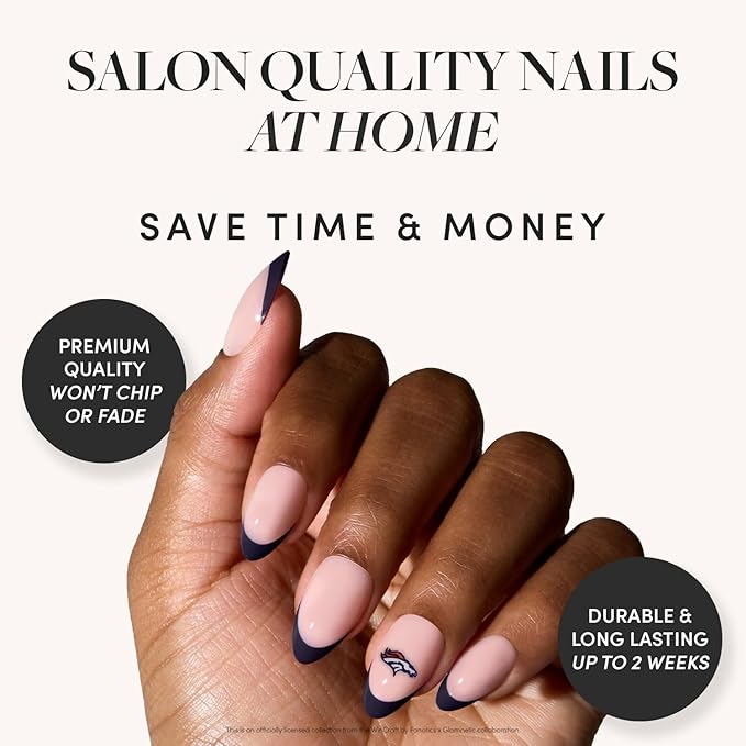 Glamnetic x Fanatics Press On Nails - Denver Broncos | Short Almond Fake Nails, NFL Broncos Blue French Tips, Football Nails, Salon-Quality | 15 Sizes - 30 Nail Kit with Glue