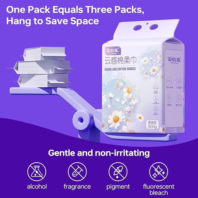 Hanging Disposable Face Towels 140 Count, Wall Mount for Easy Dispensing, Ultra Soft & Lint-Free 8x8 Inch Dry Wipes for Makeup, Sensitive Skin & Daily Skincare