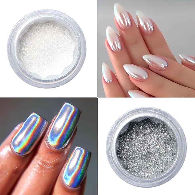 SUTOZMIWE Chrome Nail Powder and 3D Nail Gel Kit, Metallic Mirror Glitter Effect Chrome Powder For Nail Art, Holographic Aurora Iridescent Dip Dust Pigment and 10g Sculpting Gel Set for Nail Decor DIY