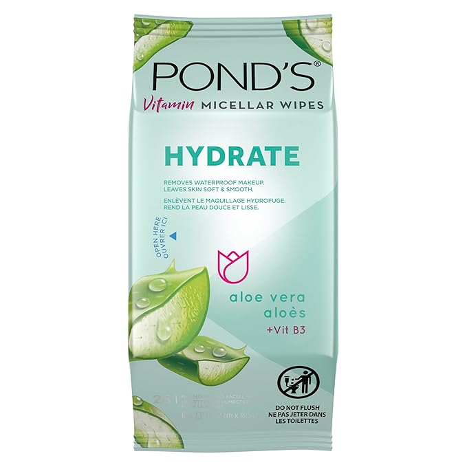 Pond's Vitamin Micellar Wipes For Dry Skin Hydrate Aloe Vera Removes Waterproof Makeup 25 Wipes