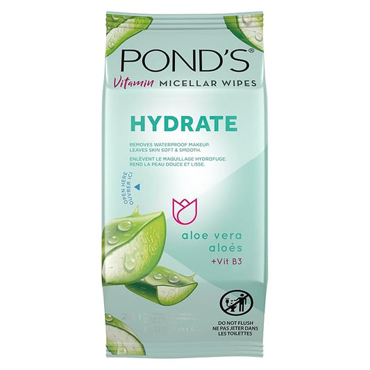 Pond's Vitamin Micellar Wipes For Dry Skin Hydrate Aloe Vera Removes Waterproof Makeup 25 Wipes