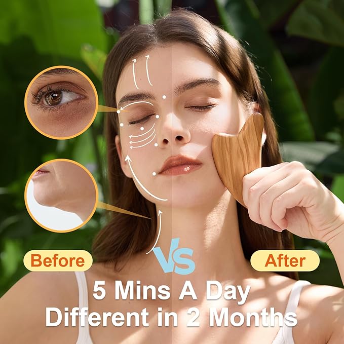 Gua Sha Facial Tools - Face Massager Tool for Lymphatic Drainage, Jawline Shaper, Double Chin Reducer, Face Sculpting Tool with Pouch - Skin Care Gift for Mum Wife, Natural Olive Wood