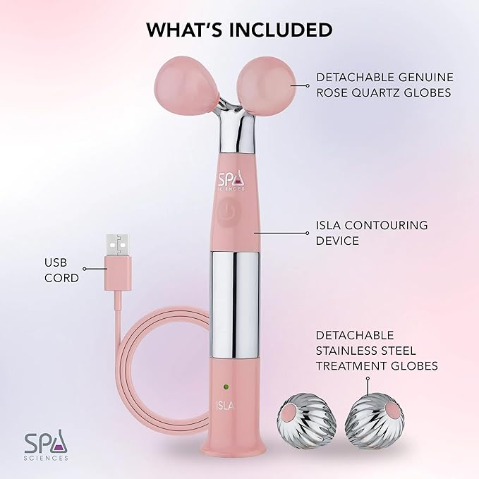 Spa Sciences ISLA Ice + Heat Contouring Roller (Face, Neck, and Décolletage) – Including Steel + Bonus Genuine Rose Quartz Globes