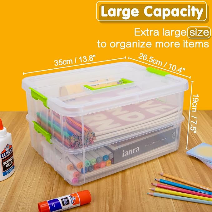 TERGOO 2 Layer Plastic Storage Containers with Lids, Multipurpose Clear Stack & Carry Box, Portable Craft Organizers and Storage Bin for Organizing Art & Craft, Sewing, Makeup, Nail Supplies (Green)