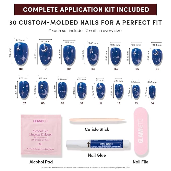 Harry Potter™ x Glamnetic Press On Nails - Luna Lovegood™ | Blue Moon & Star Celestial 3D Graphic Short Oval Nails in a Glossy Finish | 15 Sizes - 30 Nail Kit with Glue