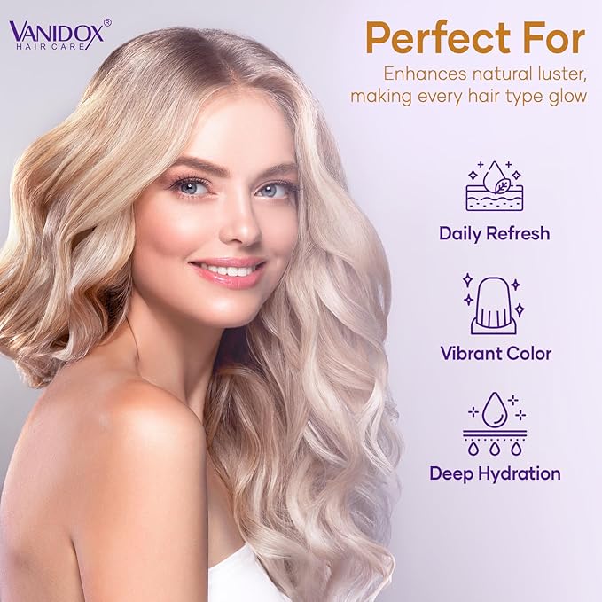 VANIDOX Sulfate Free Brass Toning Purple Shampoo for Blondes, Brown Highlighted, or Bleached Hair, Infused with Purple Rice Extract, Hyaluronic Acid, Vitamin E, and Chamomile Extract (16 fl oz)