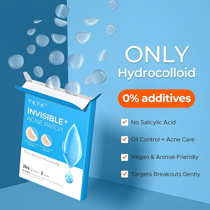 TKTK Pimple Patches for Face, 0.01cm Ultra-Thin Invisible Acne Patches, Hydrocolloid Patches for Breakouts, Absorbs Zits & Blemish, Suitable Under Makeup, 2 Sizes(10mm/12mm) 264 count