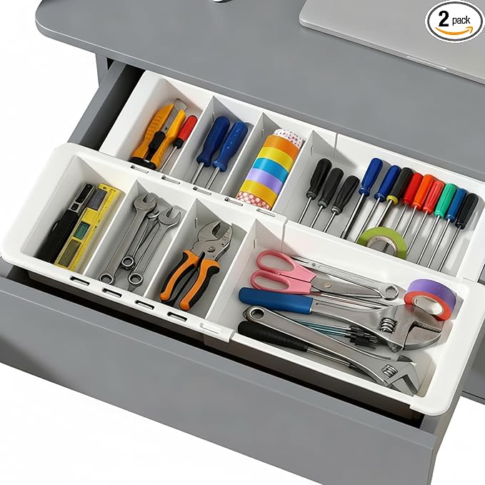 2pcs Expandable Drawer Organizer with Insert Adjustable Drawer Storage Tray Desktop Drawers Dividers to Organize and Store desk drawers organizer tray for Bathroom Office Kitchen