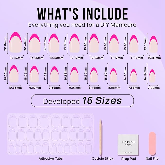French Tip Press On Nails Almond - BTArtbox Hot Pink Short Stick On Nails for Women, Glue On Nails with Nail Glue in 16 Sizes - 32 Soft Gel Fake Nails Kit, Berry French
