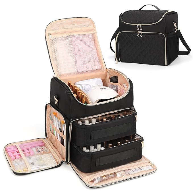 Extra Large Nail Polish Organizer Case Holds 86 to 100+ Bottles Organizer & Nail Lamp, Supply Storage Carrying Bag with 2 Removeable Pouches, Portable Nail Tech Travel Box (Black, 86 Slots)