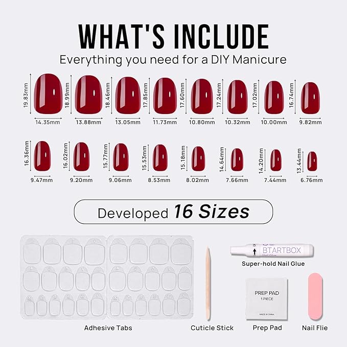 BTArtbox Press On Nails Short - Valentines Red Press on Nails Short Oval Nails Fake Nail with Nail Glue, Fit Perfectly, Reusable Glue On Nails in 16 Sizes, Cardinal
