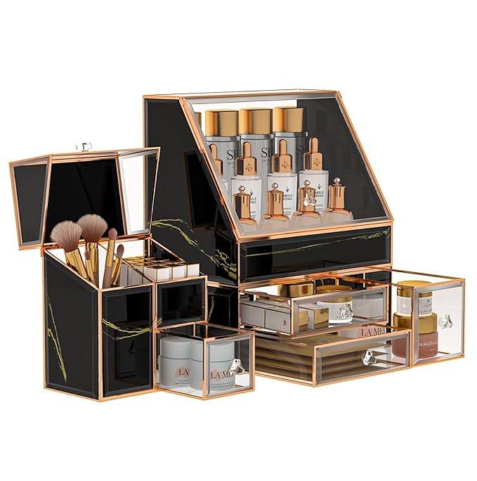 Makeup Organizer Black,Glass Vanity Organizer for Skincare, Perfume, Brushes & Lipsticks – Countertop Makeup Storage Box for Women, Bathroom or Dresser