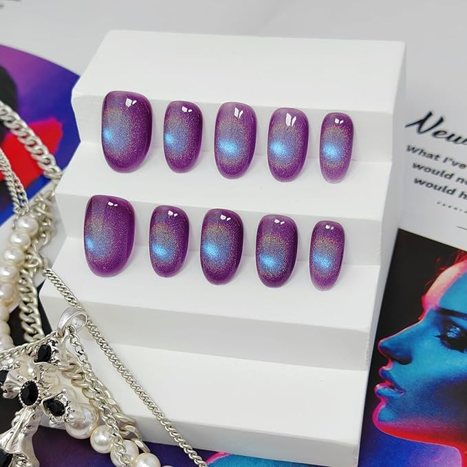 Cat Eye Press on Nails Handmade Short Oval/Square/Round False Nails with French Tip/Aurora/Magnetic Shimmer Designs (Rainbow Purple M)