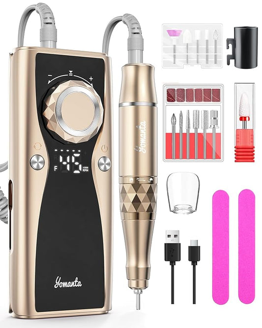Electric Nail Drill Professional Kit: 45,000 RPM USB Rechargeable Efile Nail Drill Nail File with 12 Bits for Polishing Gel/Acrylic Nails- Portable Manicure Tool Set for Salon/Home-Gold