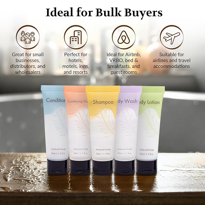 NISGUR Leak-Proof Travel Size Body Wash 1 Oz Each Pack of 200 Bulk Pack Santal and Orange Scent Hotel Body Wash Amenities and Toilteries for Hospitality