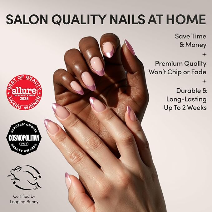 Glamnetic Press On Nails - Rock Candy | Trendy Short Almond Nails with Metallic Chrome Pink French Tips | 15 Sizes - 30 Nail Kit with Glue