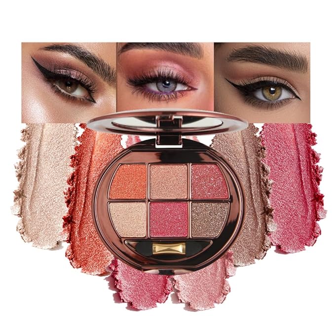Shimmer Glitter Metallic Mini Eyeshadow Palette – 6-Color Warm Coral Peach Pink Eye Shadow, High Pigment Long-Lasting Waterproof Nude & Glam Eye Makeup Palette for Soft Glam, Daily Wear & Party Looks