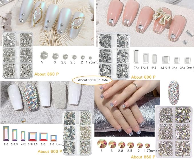 Nail Art Rhinestones K9 Glass Crystal Iridescent AB Clear Flatback Diamonds for Round &Square Gems Stones Constitute in 6 Mixed Sizes Jewels Set for Nail Design DIY Multiple 2920PCS + Pen Tweezers