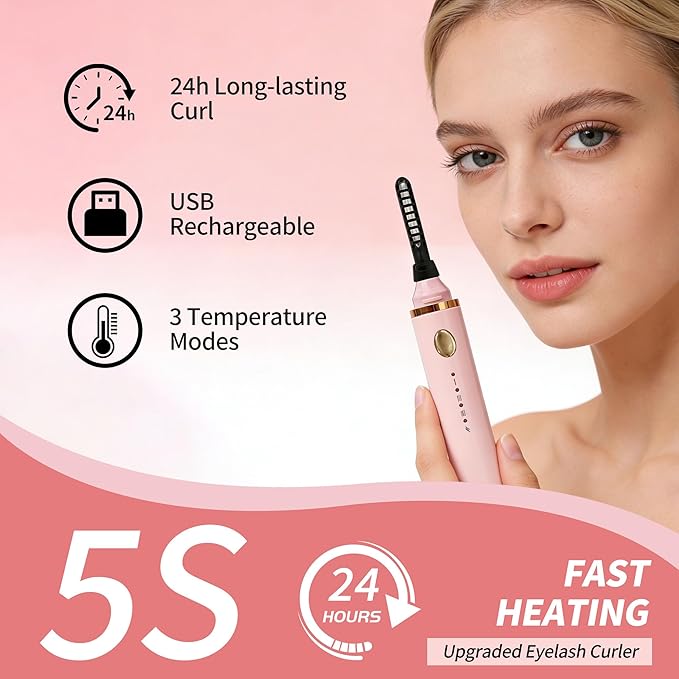 3 Interchangeable Brush Heads Rechargeable Heated Eyelash Curler 24-Hour Lasting curl 5-Second Rapid Heating 3 Temperature Settings Safety Anti-Scald Design(Black)
