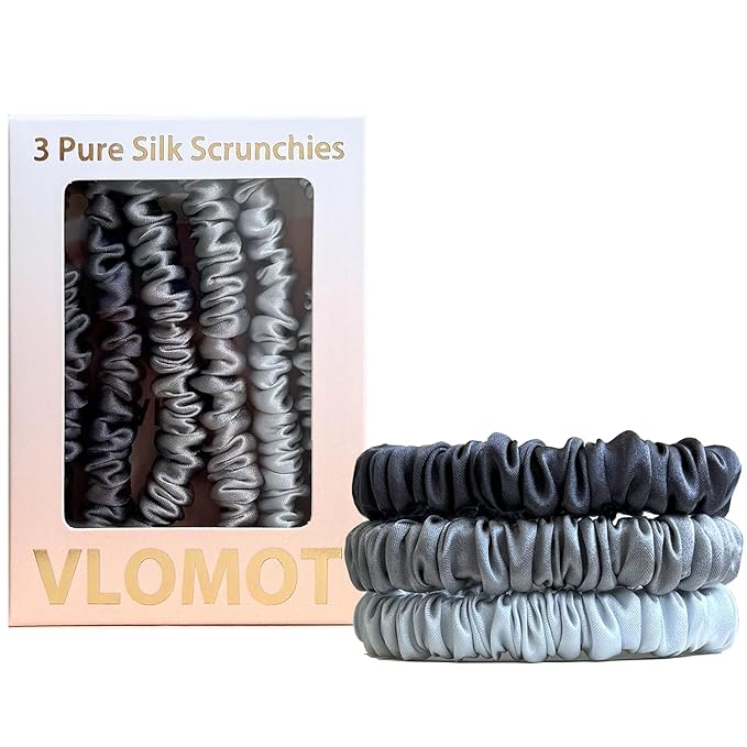 VLOMOT 3 Pcs Set 100% Pure Mulberry Silk Hair Scrunchies Hair Ties with 3 Chic Colors Everyday Skinny Scrunchies Silk Ponytail Holders Hair Care No Damage (Grey)