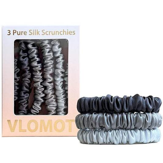 VLOMOT 3 Pcs Set 100% Pure Mulberry Silk Hair Scrunchies Hair Ties with 3 Chic Colors Everyday Skinny Scrunchies Silk Ponytail Holders Hair Care No Damage (Grey)