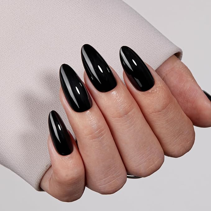 VSALON Press on Nails Medium Almond - Glossy Black Winter Nails for Women, Reusable Solid Opaque Gel Fake Nails with Glue & Cuticle Oil - 32 PCS Glue On Nails in 16 Sizes (Enchanting Night)