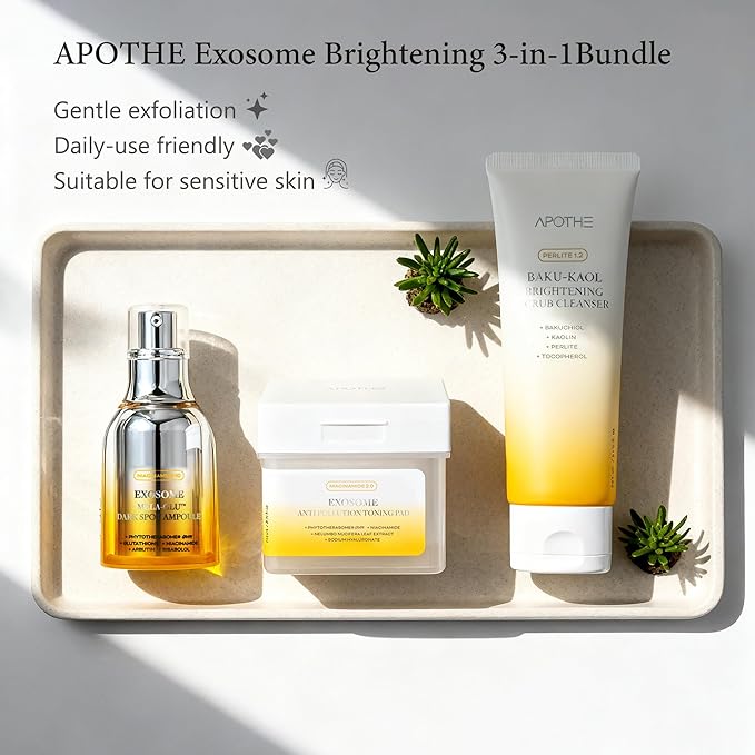 APOTHE Exosome Brightening 3-in-1 Skincare Set – Cleanser, Toning Pads & Dark Spot Ampoule, WInter Gifting Bundle