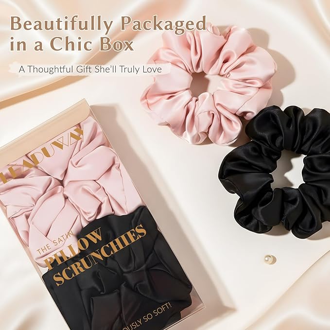 2 Pack Silky Scrunchies No Damage Pillow Scrunchies, Silk-Lilk Soft Oversized Hair Ties Ponytail Holders for Sleeping, Curly Thick or Thin Hair (Pink & Black)