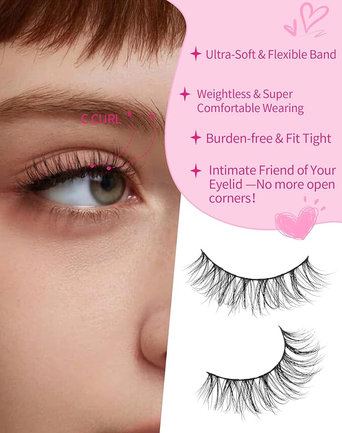 Wispy Strip Lashes Natural Look C Curl Volume False Eyelashes Short Mink Lashes 3D Classic Fake Lashes Small Fairy Eye Lashes Pack 15mm 83-SHE CUTE