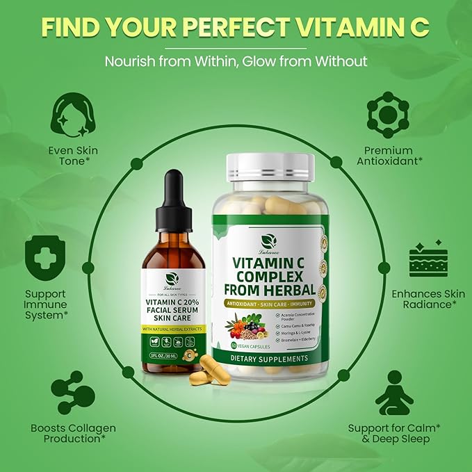 Vitamin C Serum for Face, 20% Brightening Face Serum with Sodium Hyaluronate for Dark Spots & Fine Lines – Support Collagen & Skin Radiance, Plus Vit C Caps for Inside-Out Support, 1 Fl Oz + 60 Caps
