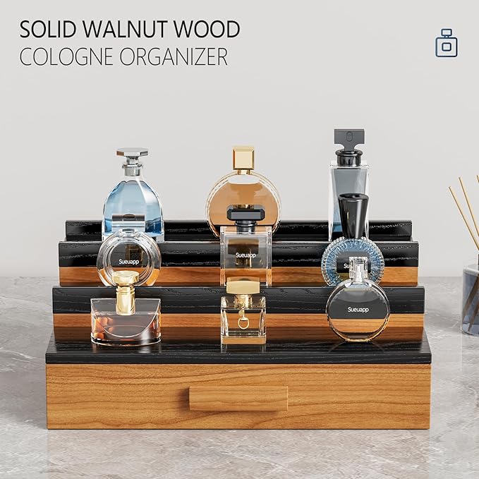 Solid Walnut Wood Cologne Organizer for Men,3 Tier Cologne Stand Display Shelf with Hidden Compartment and Drawer,Perfume Stand Organizer,Perfume Display Holder,Great Gift for Men Father
