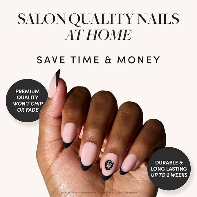 Glamnetic x Fanatics Press On Nails - Las Vegas Raiders | Short Almond Fake Nails, NFL Raiders Black French Tips, Football Nails, Salon-Quality | 15 Sizes - 30 Nail Kit with Glue