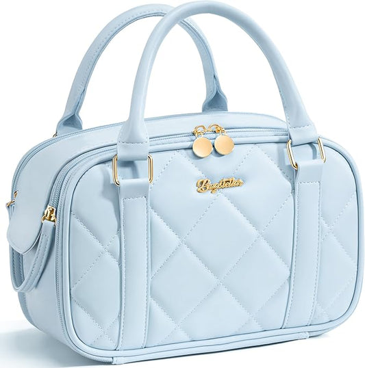 Bagstellar Travel Makeup Bag, Large Capacity Quilted Toiletry Bags for Women, Wide-open Cosmetic Bags Make Up Case Organizer Portable Pouch with Handle & Brush Holder for Traveling Accessories, Blue