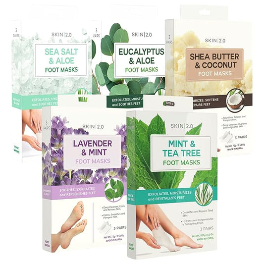 Skin 2.0 Exfoliating Foot Mask Variety Pack – Dermatologist Tested, Korean Skin Care – Hydrates Dry Feet, Softens Rough Areas & Refreshes Tired Steps – Vegan, Cruelty Free, Clean Beauty – 12 Pairs