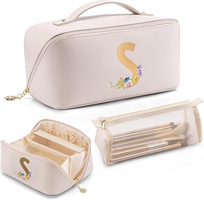 Vlando Bridesmaid Gifts for Wedding Day,Makeup Travel Bag, Gift Ideas for Women,Traveler,Maid Of Honor Personalized Bachelorette Party Gifts Birthday Gifts for Women Female(Letter S)